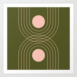 Geometric Lines in Olive Green and Rose Gold (Rainbow and Sun Abstraction) Art Print