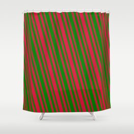 [ Thumbnail: Green and Crimson Colored Lined/Striped Pattern Shower Curtain ]