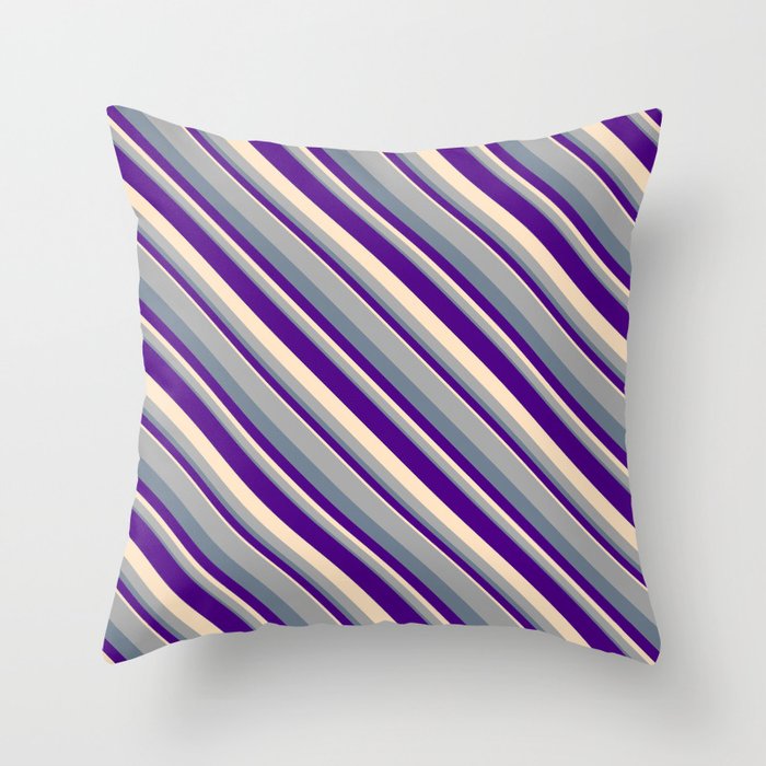 Dark Gray, Slate Gray, Indigo, and Bisque Colored Stripes Pattern Throw Pillow
