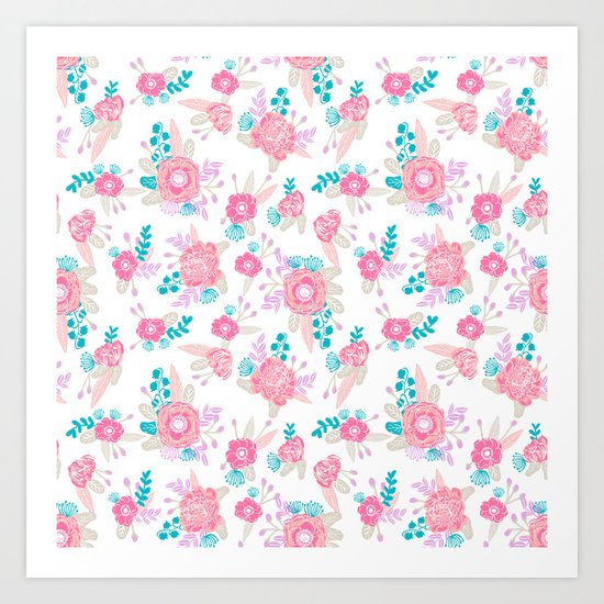Florals bright modern color palette nursery home decor flower bouquet pattern Art Print