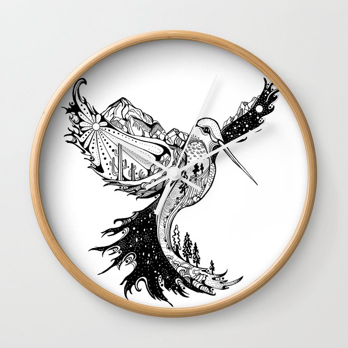 Hummingbird Phoenix Pen and ink Hand drawn design Wall Clock