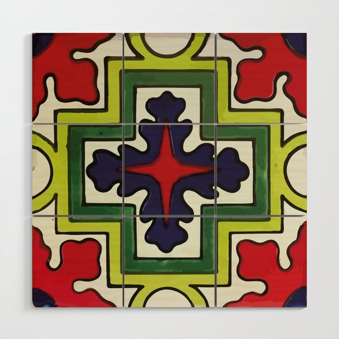 Modern pattern cross mexican tile colorful leaves design Wood Wall Art