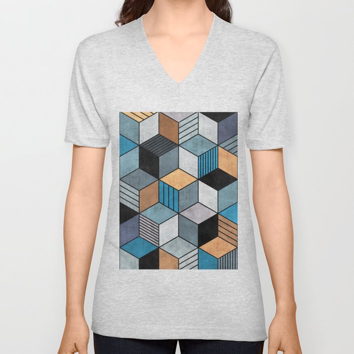 Colorful Concrete Cubes 2 - Blue, Grey, Brown V Neck T Shirt