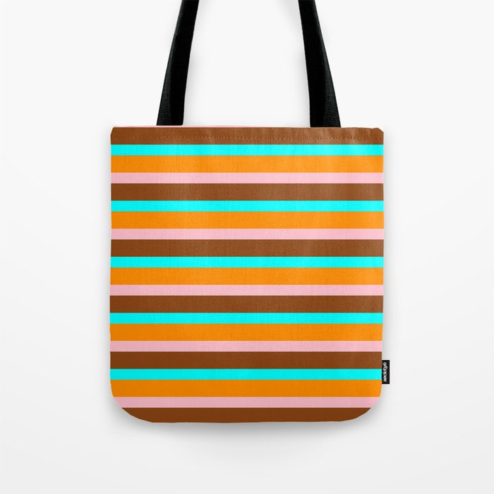Dark Orange, Pink, Brown & Aqua Colored Lined Pattern Tote Bag
