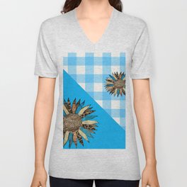 Sunflower in Blue Buffalo Plaid Pattern V Neck T Shirt