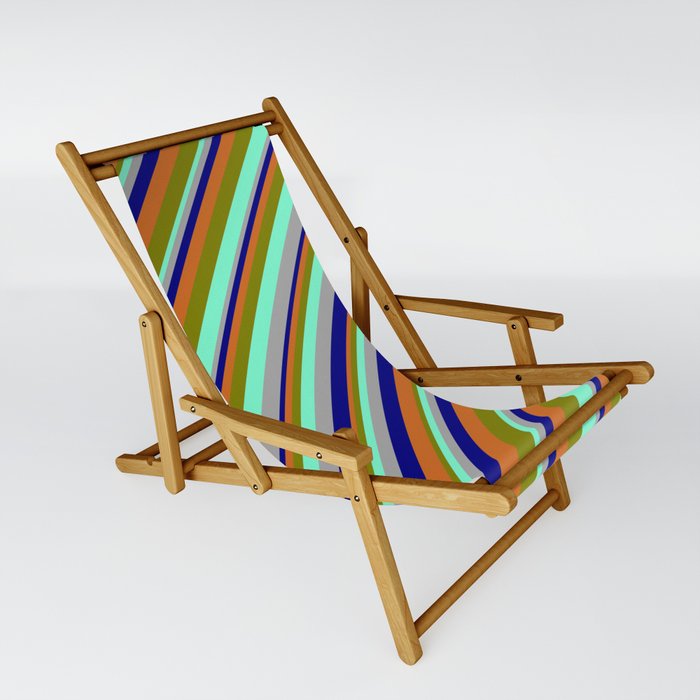 Eyecatching Dark Grey, Blue, Chocolate, Green, and Aquamarine Colored Striped Pattern Sling Chair
