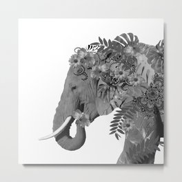 Elephant Flower Leaves Fantasy black & white Metal Print