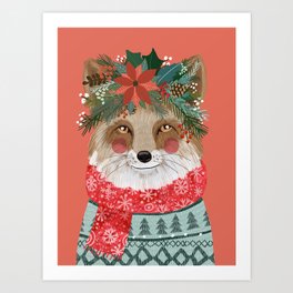 Christmas Fox with Winter floral crown Art Print