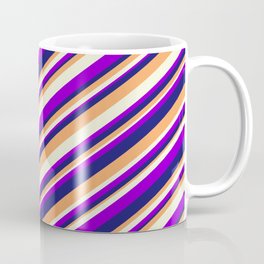 [ Thumbnail: Dark Violet, Midnight Blue, Brown, and Beige Colored Striped Pattern Coffee Mug ]