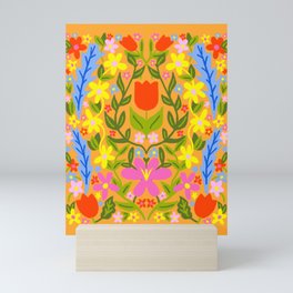 Mid-Century Modern Folk Art Flowers On Orange Mini Art Print