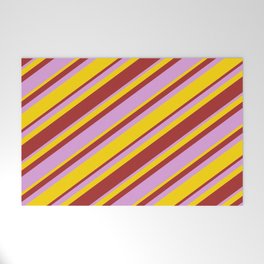 [ Thumbnail: Yellow, Brown, and Plum Colored Pattern of Stripes Welcome Mat ]