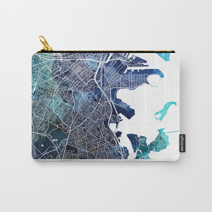 Boston Massachusetts Map Navy Blue Turquoise Watercolor Carry-All Pouch
