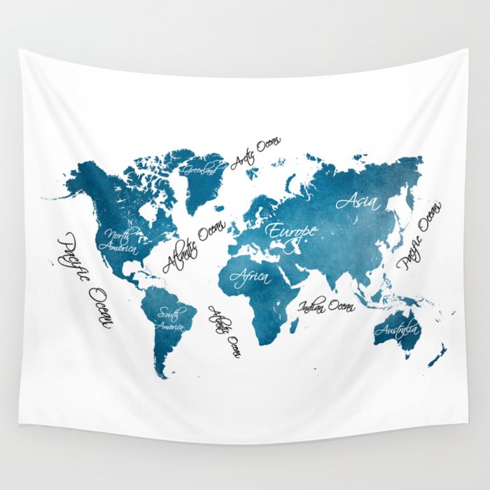 World Map Blue Wall Tapestry By Jbjart