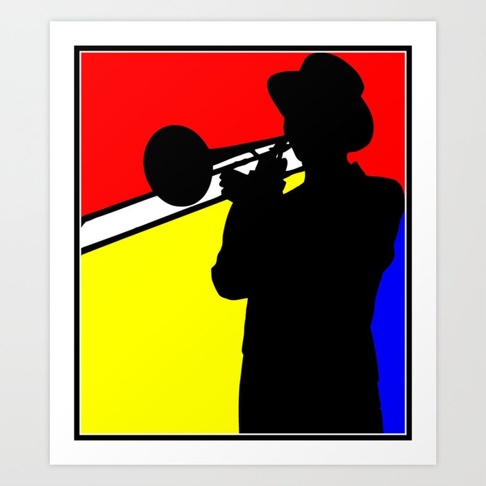 Jazz trombone player silhouette mondrian colors Art Print