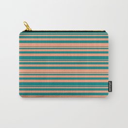 [ Thumbnail: Light Salmon & Teal Colored Stripes/Lines Pattern Carry-All Pouch ]
