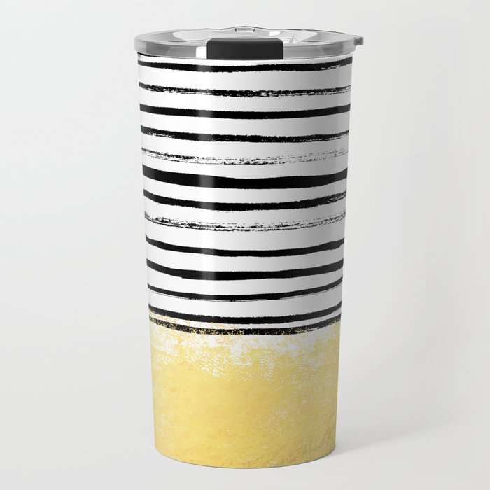 Blaire - Brushed Gold Stripes - black and gold, gold trend, gold phone case, gold cell case Travel Mug