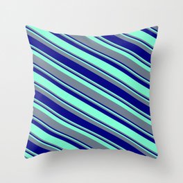 [ Thumbnail: Aquamarine, Slate Gray, and Blue Colored Pattern of Stripes Throw Pillow ]