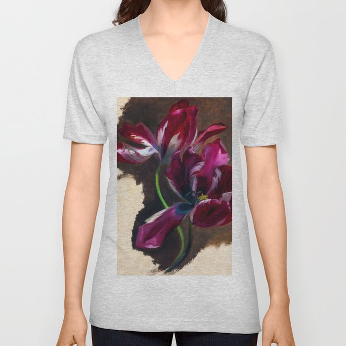 Study of a tulip in amethyst purple still life portrait floral painting for living room, kitchen, dinning room, bedroom home wall decor V Neck T Shirt