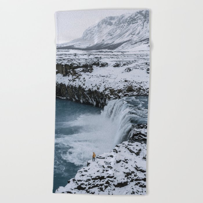 Waterfall In Icelandic Highlands During Winter With Mountain Landscape Photography Beach Towel By Regnumsaturni