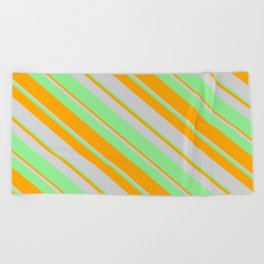 [ Thumbnail: Light Green, Orange & Light Grey Colored Lined/Striped Pattern Beach Towel ]