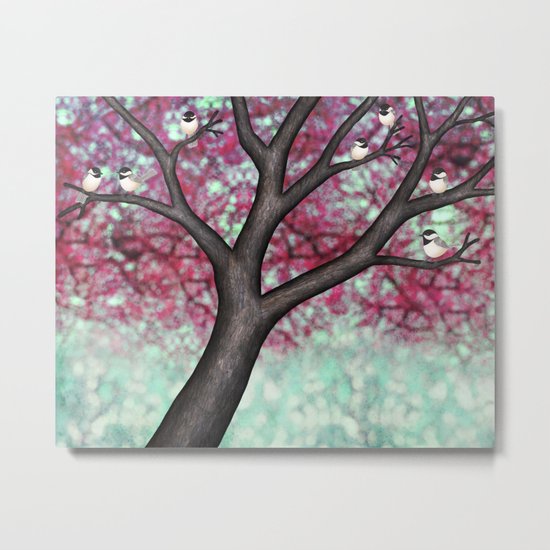 black capped chickadees and spring bokeh Metal Print