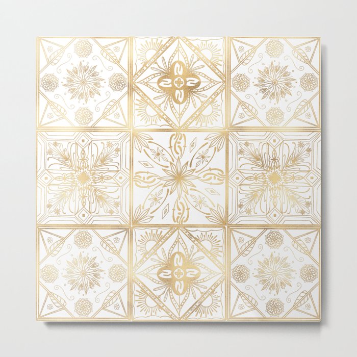 Trendy Vintage Gold Geometric Ornament Tile Art Metal Print