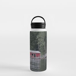 Red Cottage next to Calm Water Lake Finland Water Bottle