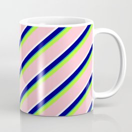 [ Thumbnail: Vibrant Light Green, Pink, White, Blue & Light Sea Green Colored Lined/Striped Pattern Coffee Mug ]