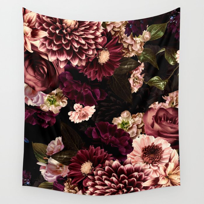 Vintage & Shabby Chic- Real Chrysanthemums Lush Midnight Flowers Botanical Garden Wall Tapestry