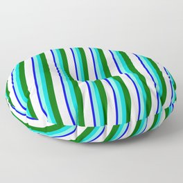 [ Thumbnail: Blue, Aquamarine, Dark Turquoise, Dark Green & Mint Cream Colored Stripes/Lines Pattern Floor Pillow ]