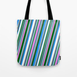[ Thumbnail: Vibrant Sea Green, Violet, Dark Green, Blue, and White Colored Stripes/Lines Pattern Tote Bag ]