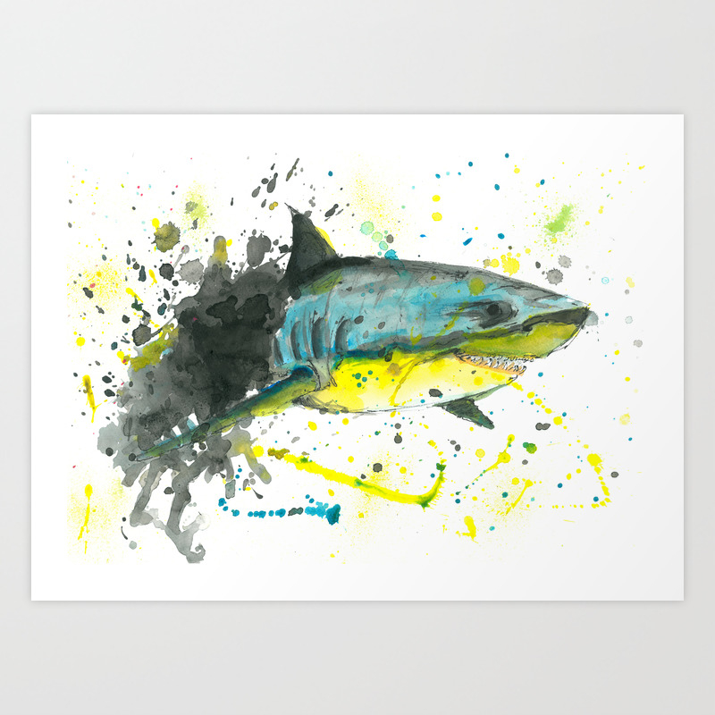 Shark Watercolor Painting Art Print By Elliewatercolorart Society6