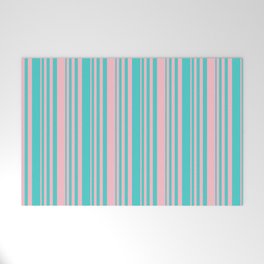 [ Thumbnail: Turquoise and Pink Colored Lines/Stripes Pattern Welcome Mat ]