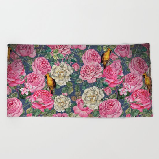Vintage grunge Floral Rose and Birds Pattern Beach Towel