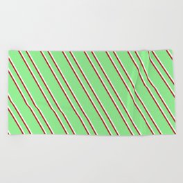 [ Thumbnail: Light Green, Mint Cream & Red Colored Striped Pattern Beach Towel ]