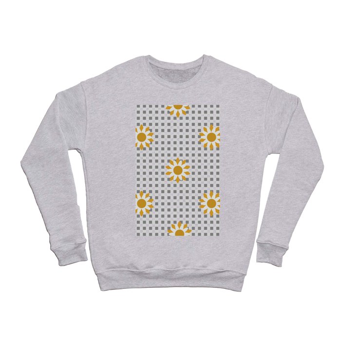 Gray Beige Colored Checker Board Effect Grid Illustration with Yellow Mustard Daisy Flowers Crewneck Sweatshirt