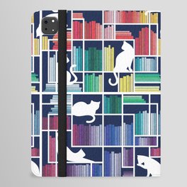 Rainbow bookshelf // navy blue background white shelf and library cats iPad Folio Case