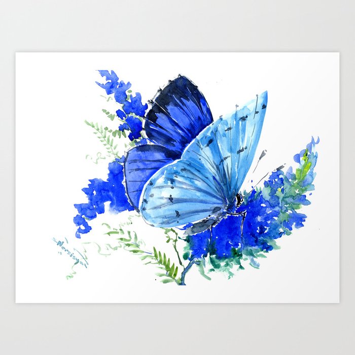Blue Floral Prints Set of 3 Wall Art Floral Blue Butterfly and Flowers Wall Art Print
