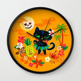 Hulaween Kitty with Tiki Pineapple Wall Clock