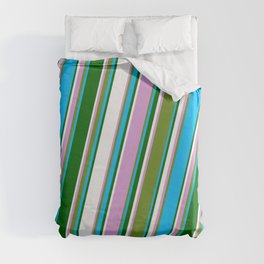 [ Thumbnail: Eye-catching Plum, Green, Deep Sky Blue, Dark Green, and White Colored Lined/Striped Pattern Duvet Cover ]