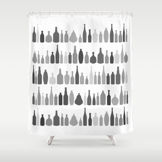 Bottles Black and White on White Shower Curtain