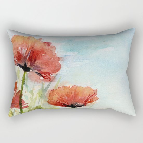 Red Flowers Watercolor Landscape Poppies Poppy Field Rectangular Pillow