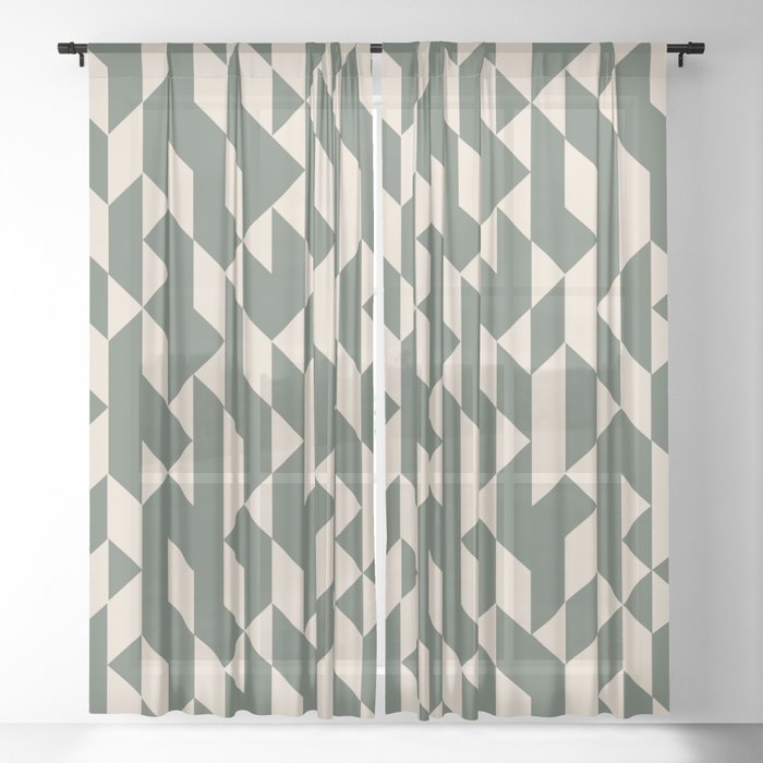 Abstract Geometric Pattern Green and Ivory Sheer Curtain