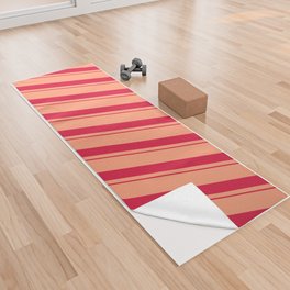 [ Thumbnail: Light Salmon and Crimson Colored Lined Pattern Yoga Towel ]