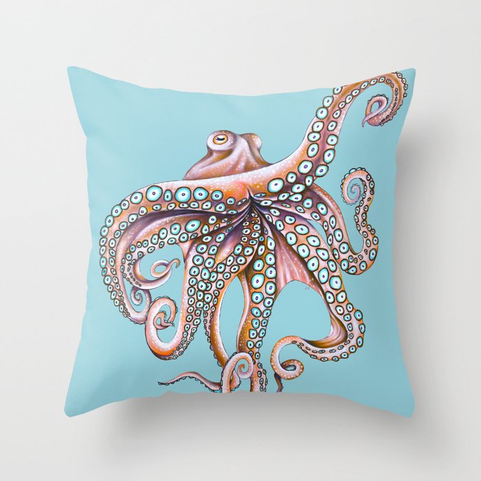 Octopus Tentacles Pink Blue Teal Kraken Art Throw Pillow