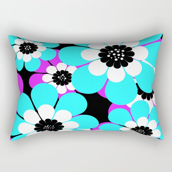 The floral pattern . Purple and turquoise flowers on a black background . Rectangular Pillow