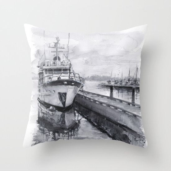 Kirkland Marina Waterfront Boat Watercolor Seattle Throw Pillow