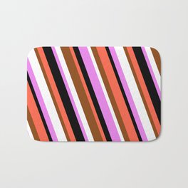 [ Thumbnail: Red, Brown, White, Violet & Black Colored Lined Pattern Bath Mat ]
