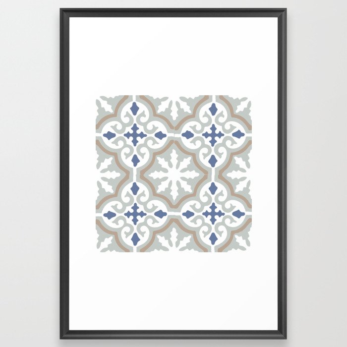 Moroccan Boho Modern Geometric Mosaic Tile Pattern Grey and Blue Framed Art Print