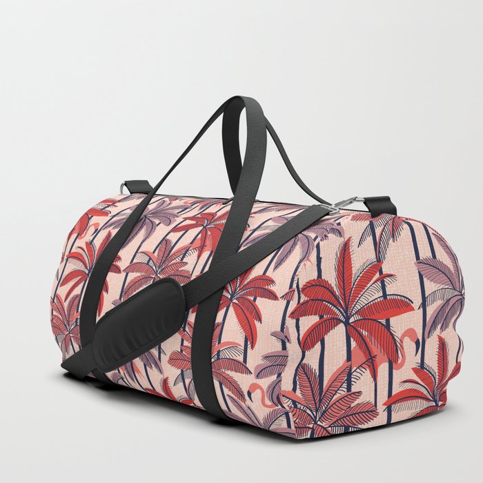 Retro vacation mode // rose background neon red orange shade coral and dry rose palm trees oxford navy blue lines coral flamingos Duffle Bag